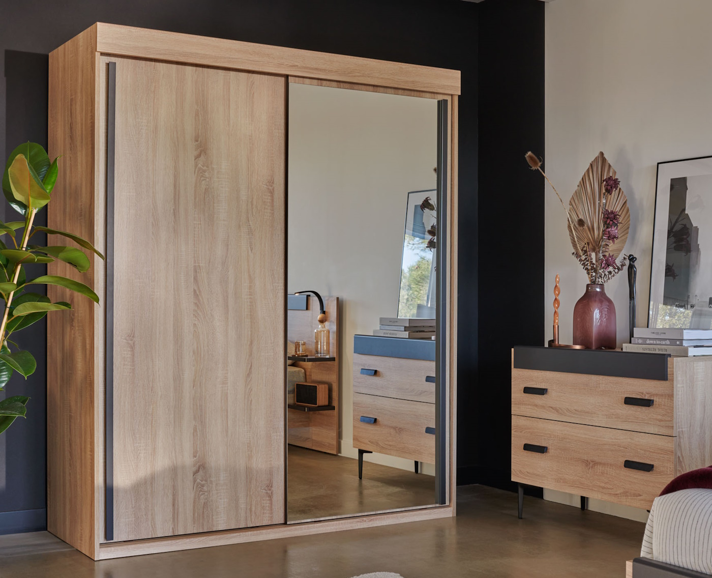 armoire portes miroir et bois