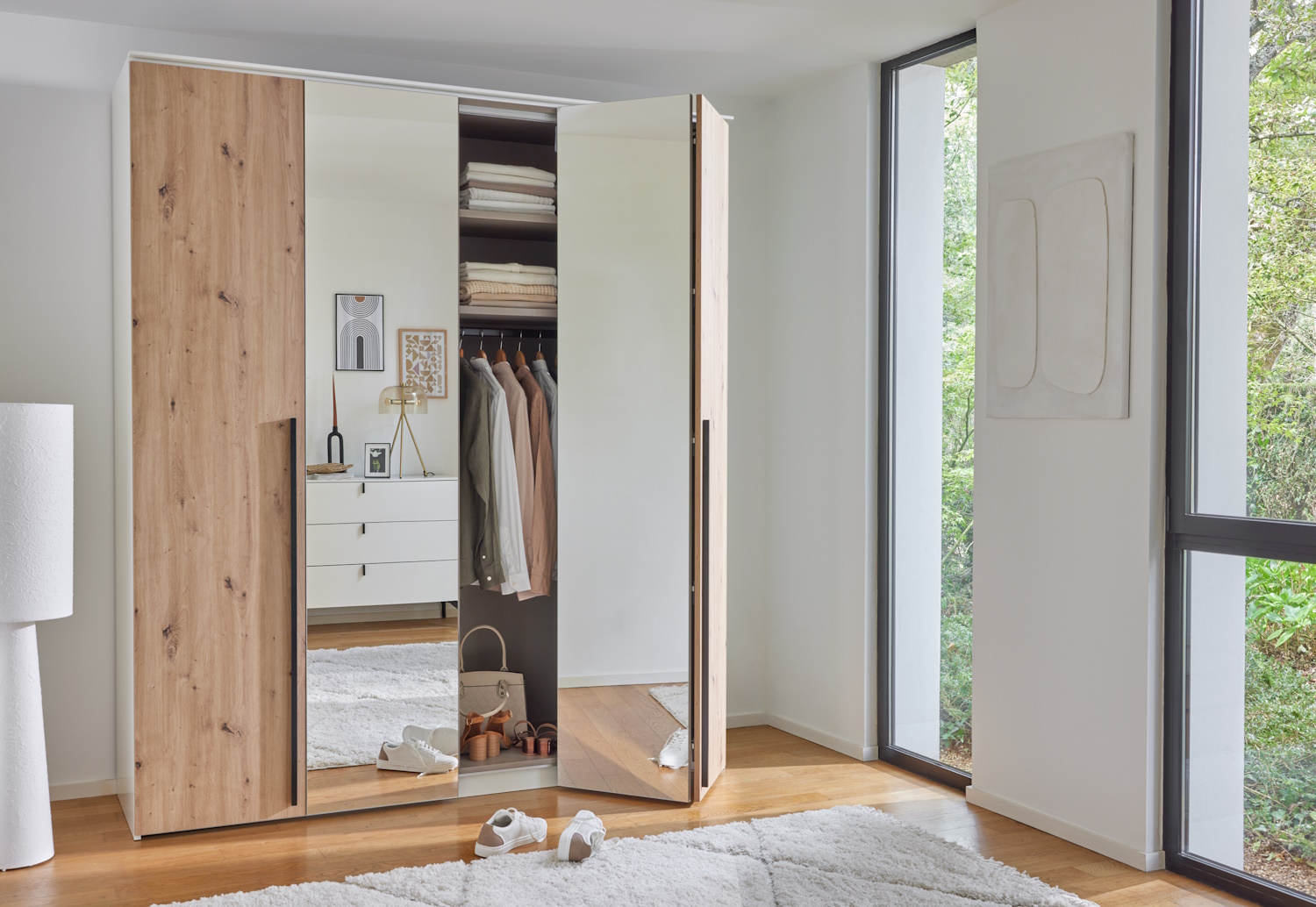 armoire pliante 200 chêne miroir semi ouverte