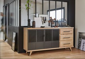 bahut bas chene et portes métal et verre