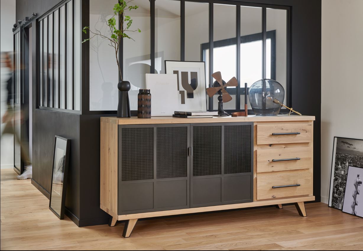 bahut bas chene et portes métal et verre