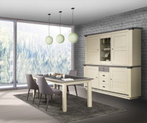 Modern dining room overlooking a mountain forest