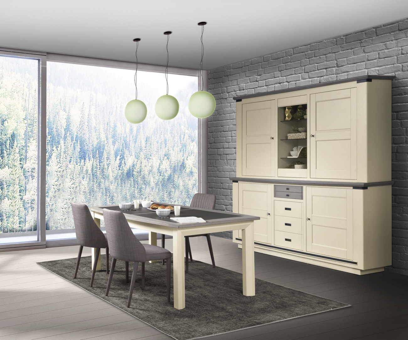 Modern dining room overlooking a mountain forest